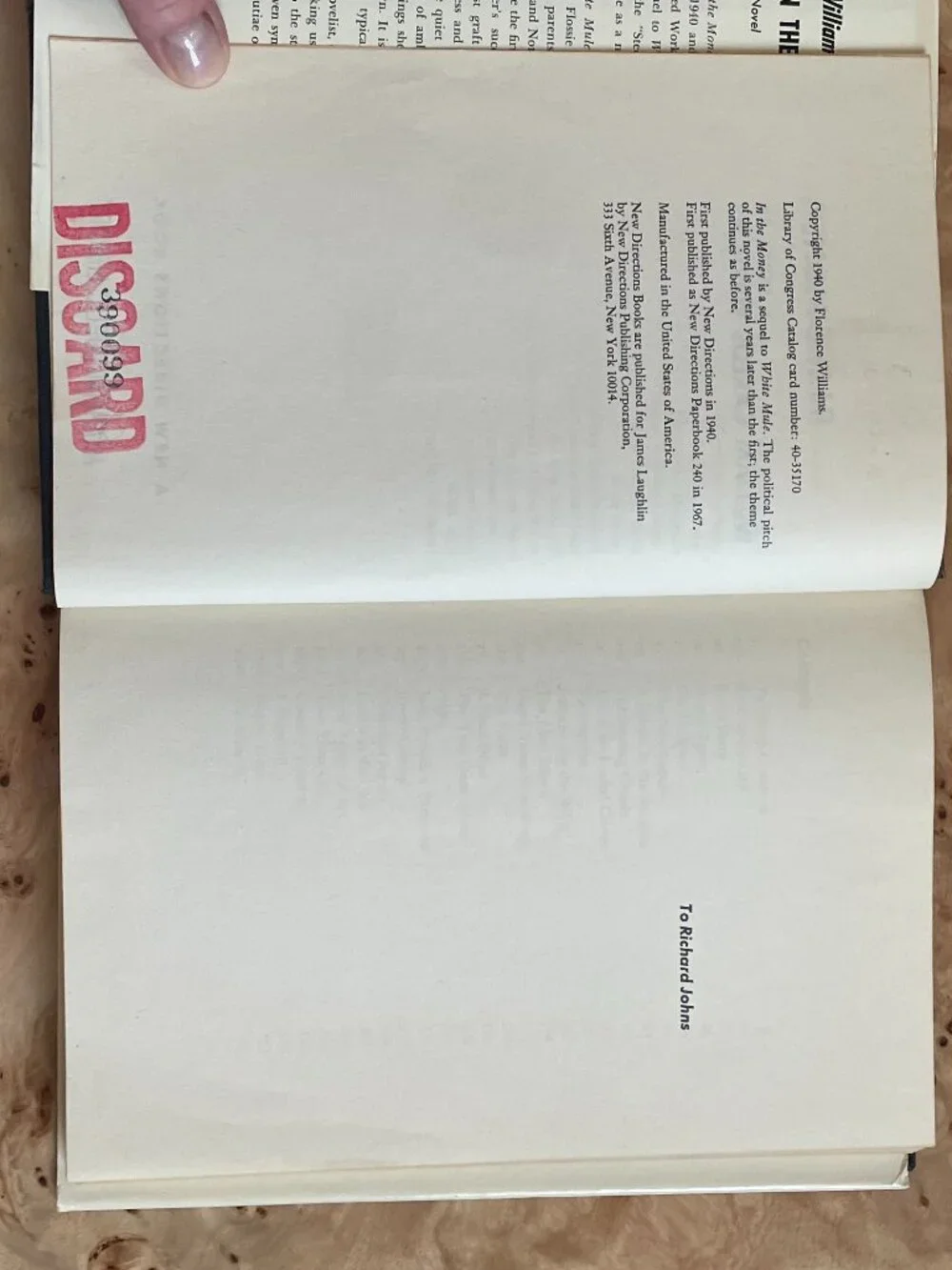 In The Money A Novel by: William Carlos Williams- to White Mule Part II  1967